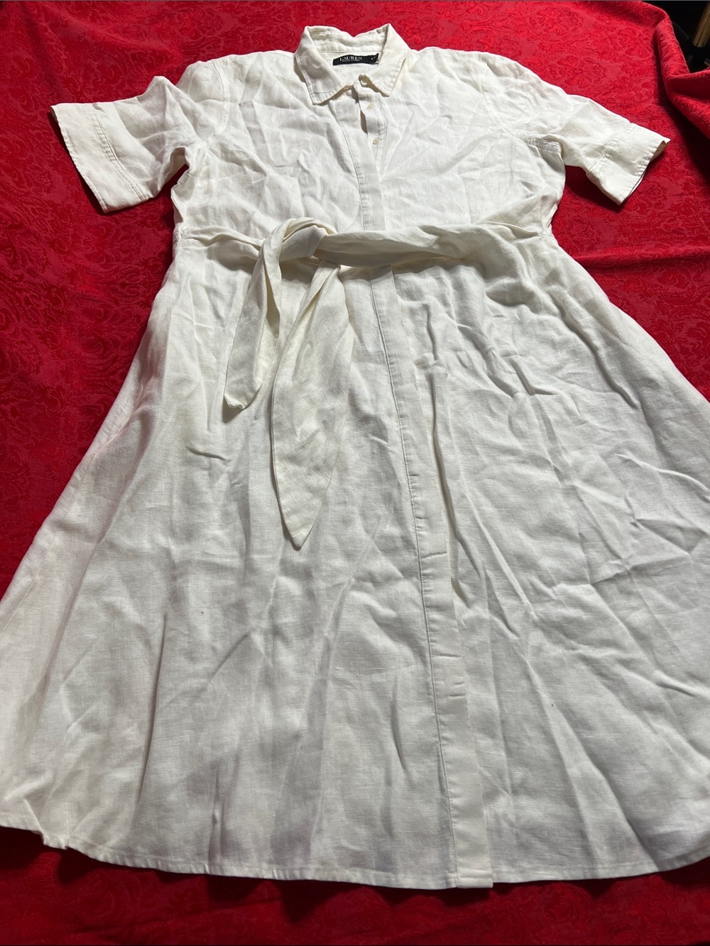Lauren Ralph Lauren Black Label Linen Shirt Dress Women 16 Beige Belted Pockets